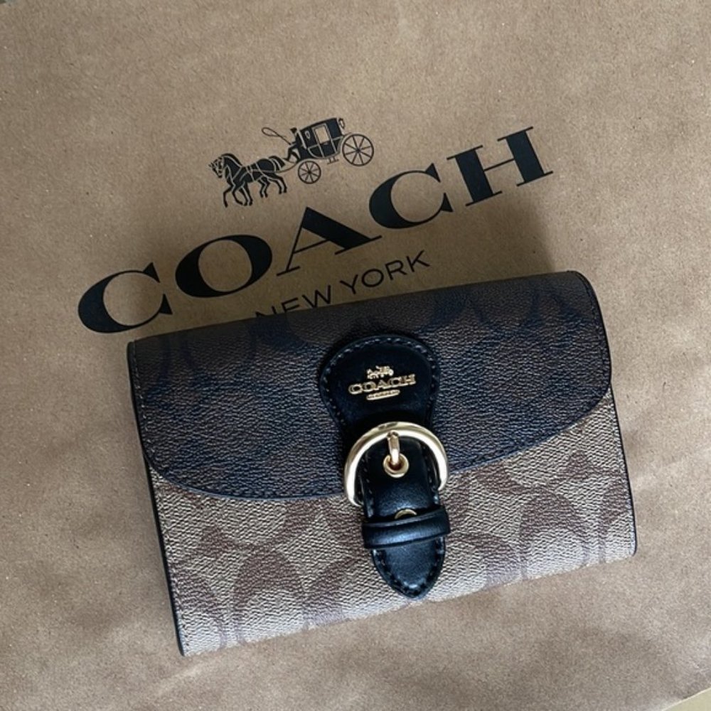 Coach Kleo Wallet C6897 Blocked Signature Canvas In Khaki Brown Multi - Picture 8 of 14